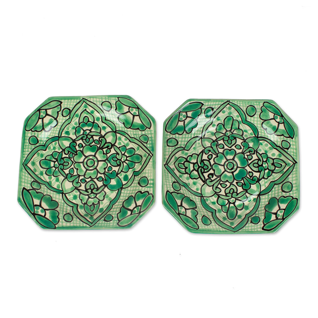 2 Floral Talavera Style Hand-Painted Ceramic Luncheon Plates - Mexican Blooms