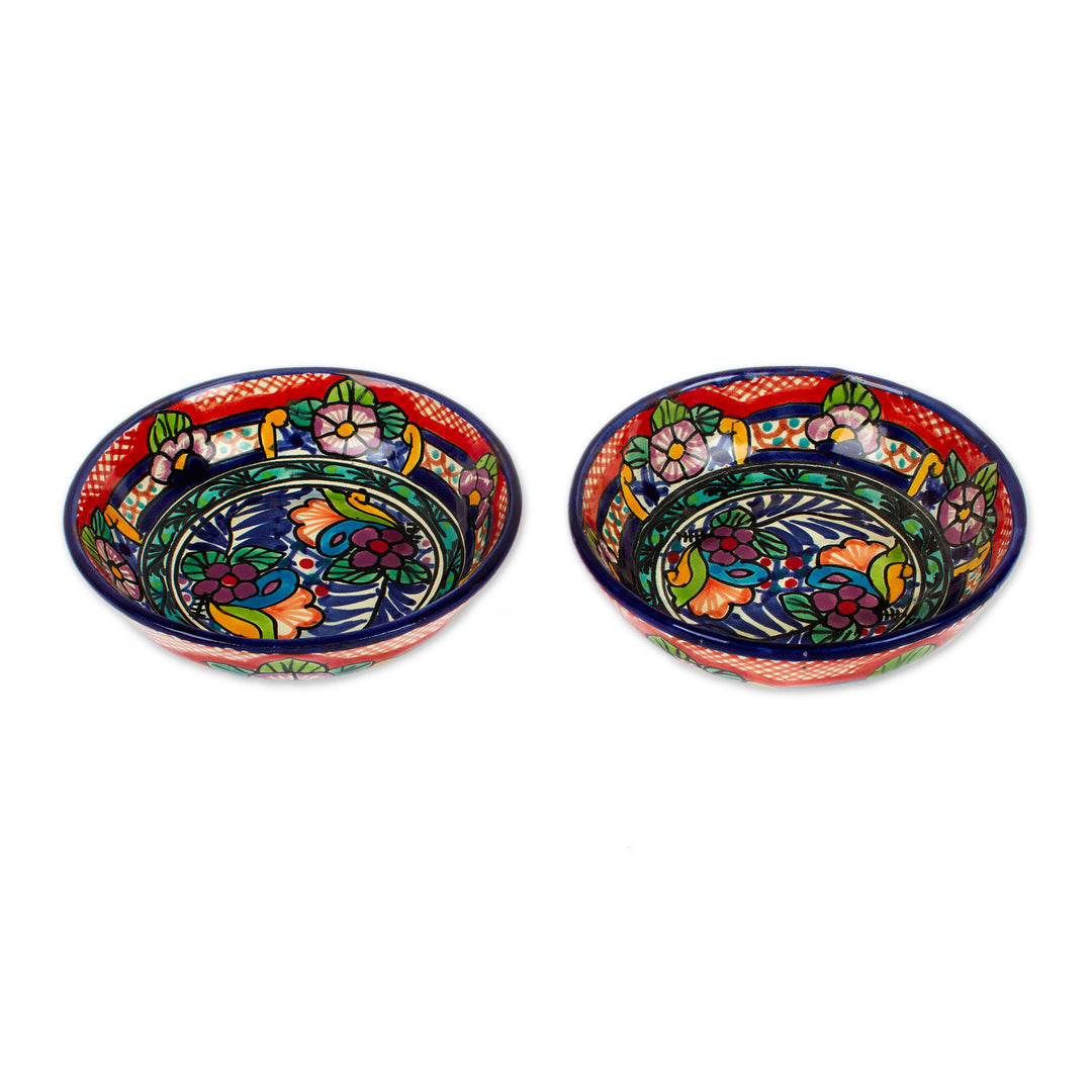 Pair of Colorful Talavera-Style Floral Ceramic Dessert Bowls - Mexican Fiesta