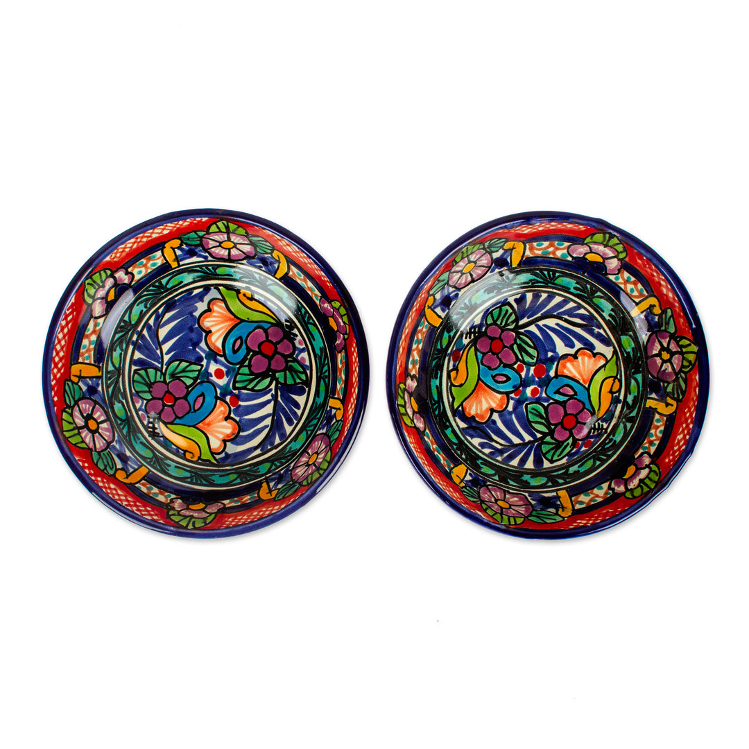 Pair of Colorful Talavera-Style Floral Ceramic Dessert Bowls - Mexican Fiesta