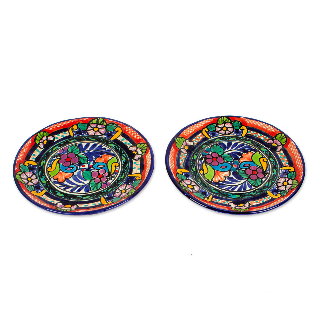 2 Ceramic Floral Dessert Plates Crafted in Talavera Style - Mexican Fiesta