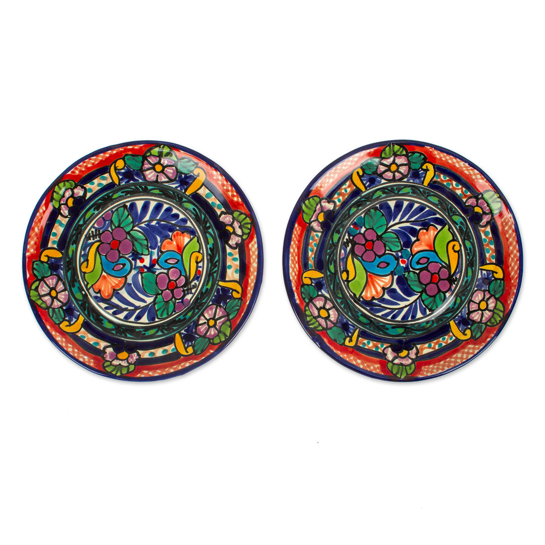 2 Ceramic Floral Dessert Plates Crafted in Talavera Style - Mexican Fiesta