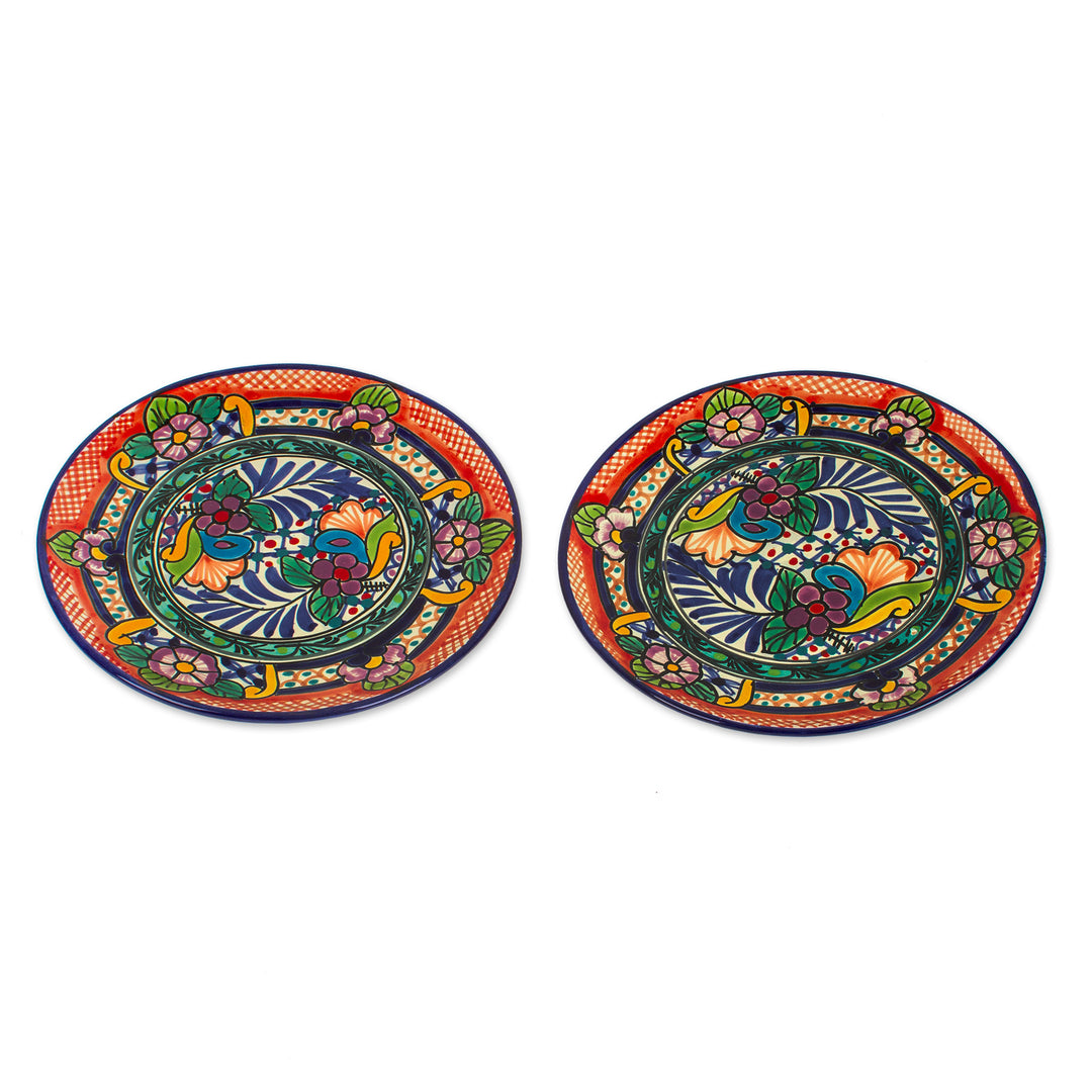 Talavera-Style Floral Hand-Painted Ceramic Dinner Plates - Mexican Fiesta