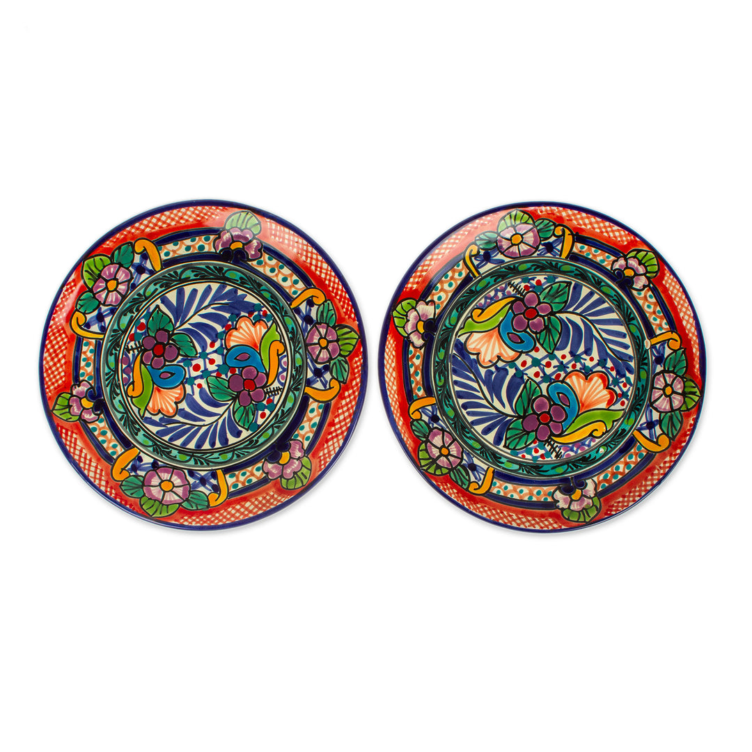 Talavera-Style Floral Hand-Painted Ceramic Dinner Plates - Mexican Fiesta