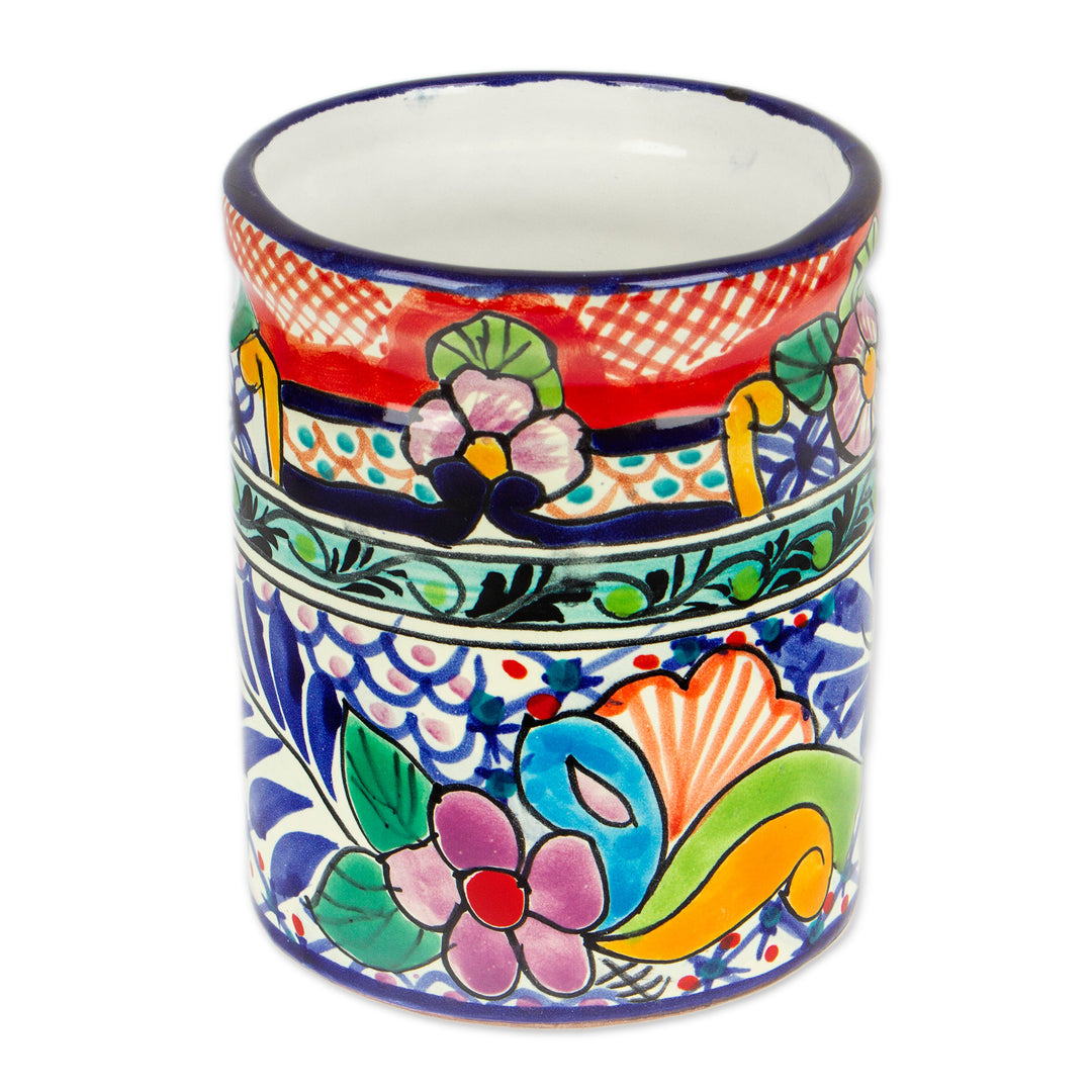 Hand-Painted Talavera-Style Floral Ceramic Utensil Holder - Mexican Fiesta
