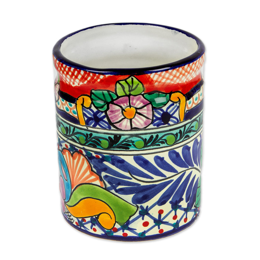Hand-Painted Talavera-Style Floral Ceramic Utensil Holder - Mexican Fiesta