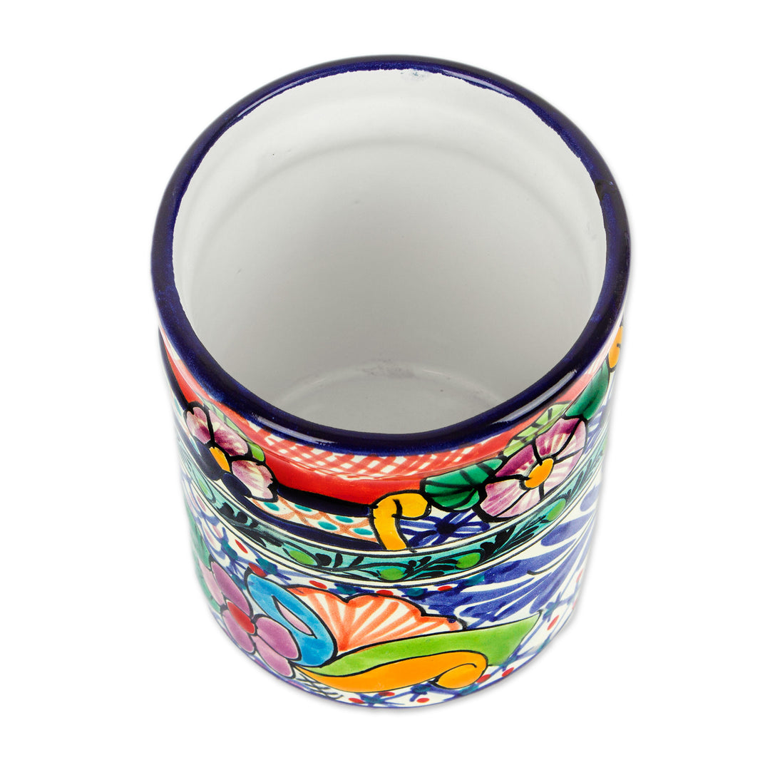 Hand-Painted Talavera-Style Floral Ceramic Utensil Holder - Mexican Fiesta