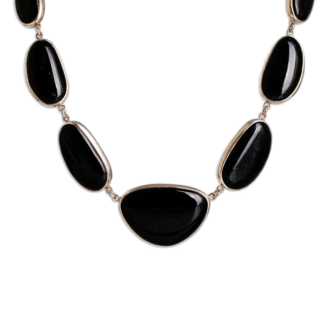 Guatemalan Jade Cabochon and Sterling Silver Link Necklace - Dark B'olom