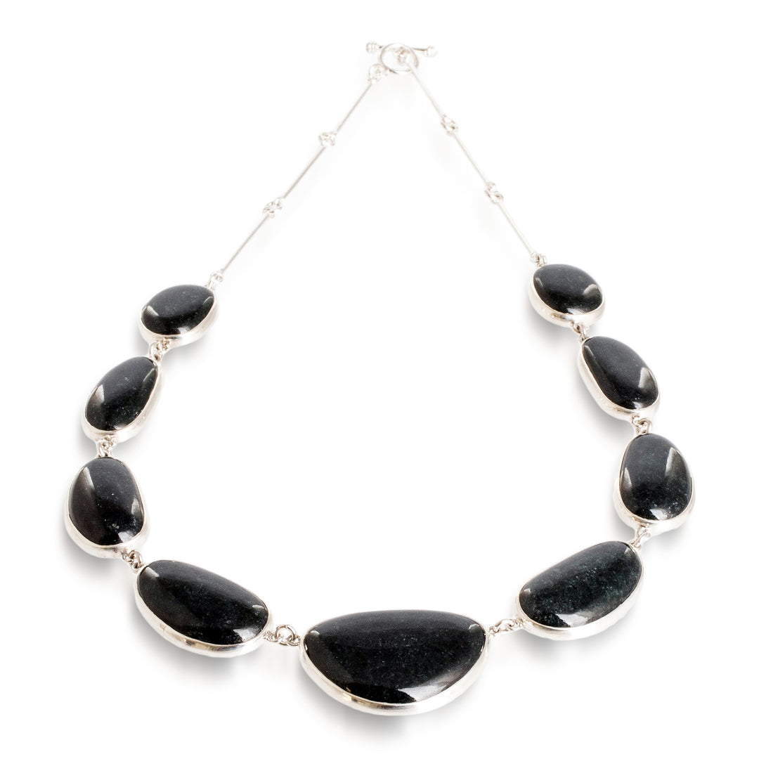 Guatemalan Jade Cabochon and Sterling Silver Link Necklace - Dark B'olom