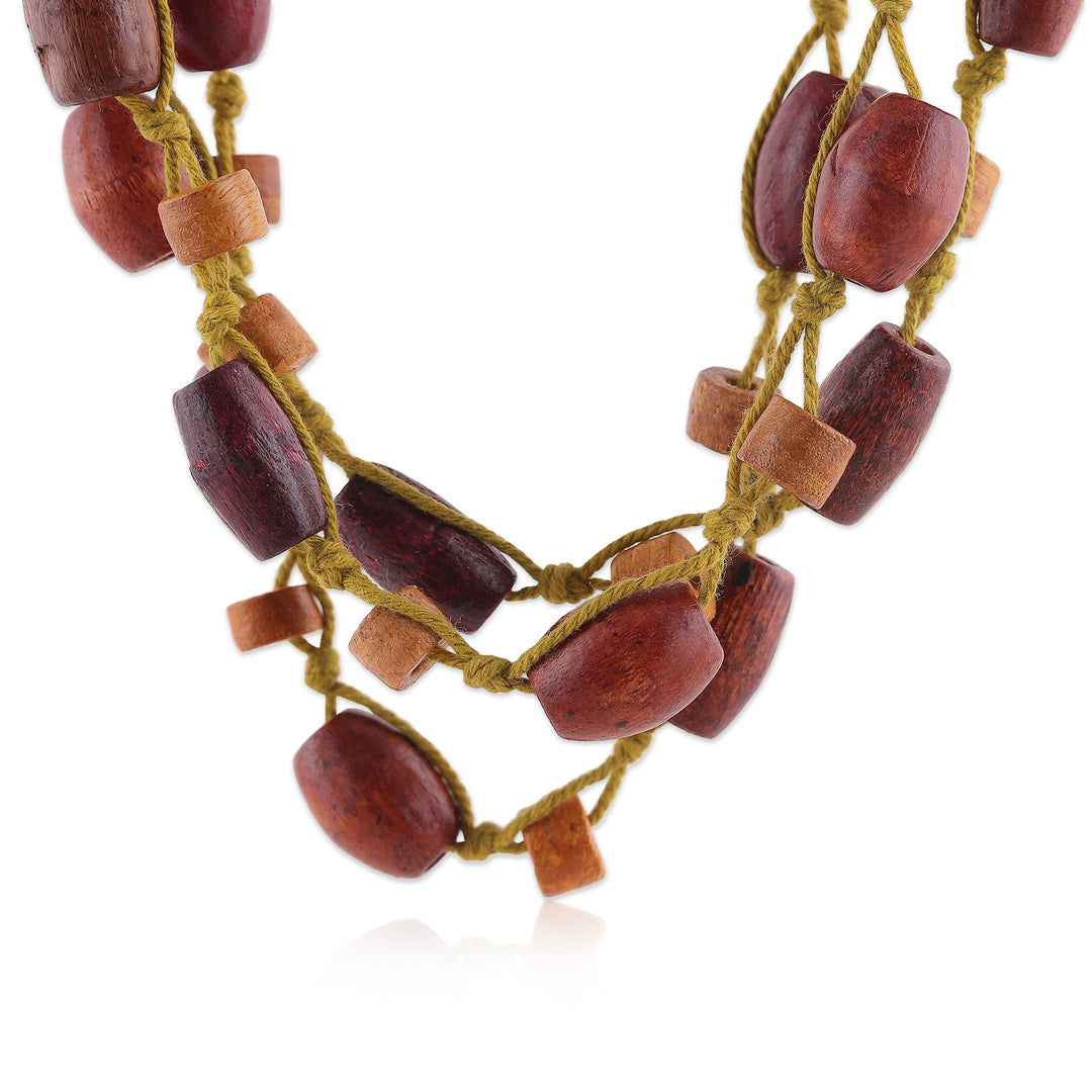 Folk Art Wood Beaded Station Necklace in Brown and Yellow - Joyous Aura