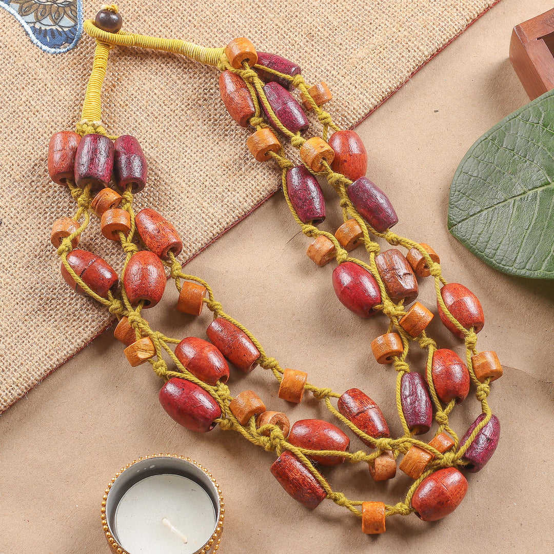 Folk Art Wood Beaded Station Necklace in Brown and Yellow - Joyous Aura