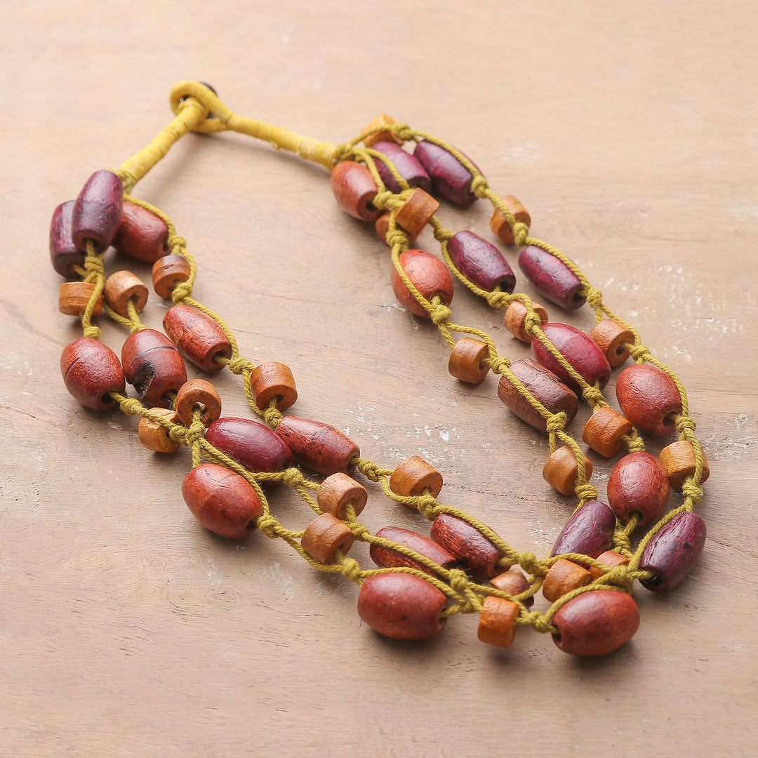 Folk Art Wood Beaded Station Necklace in Brown and Yellow - Joyous Aura