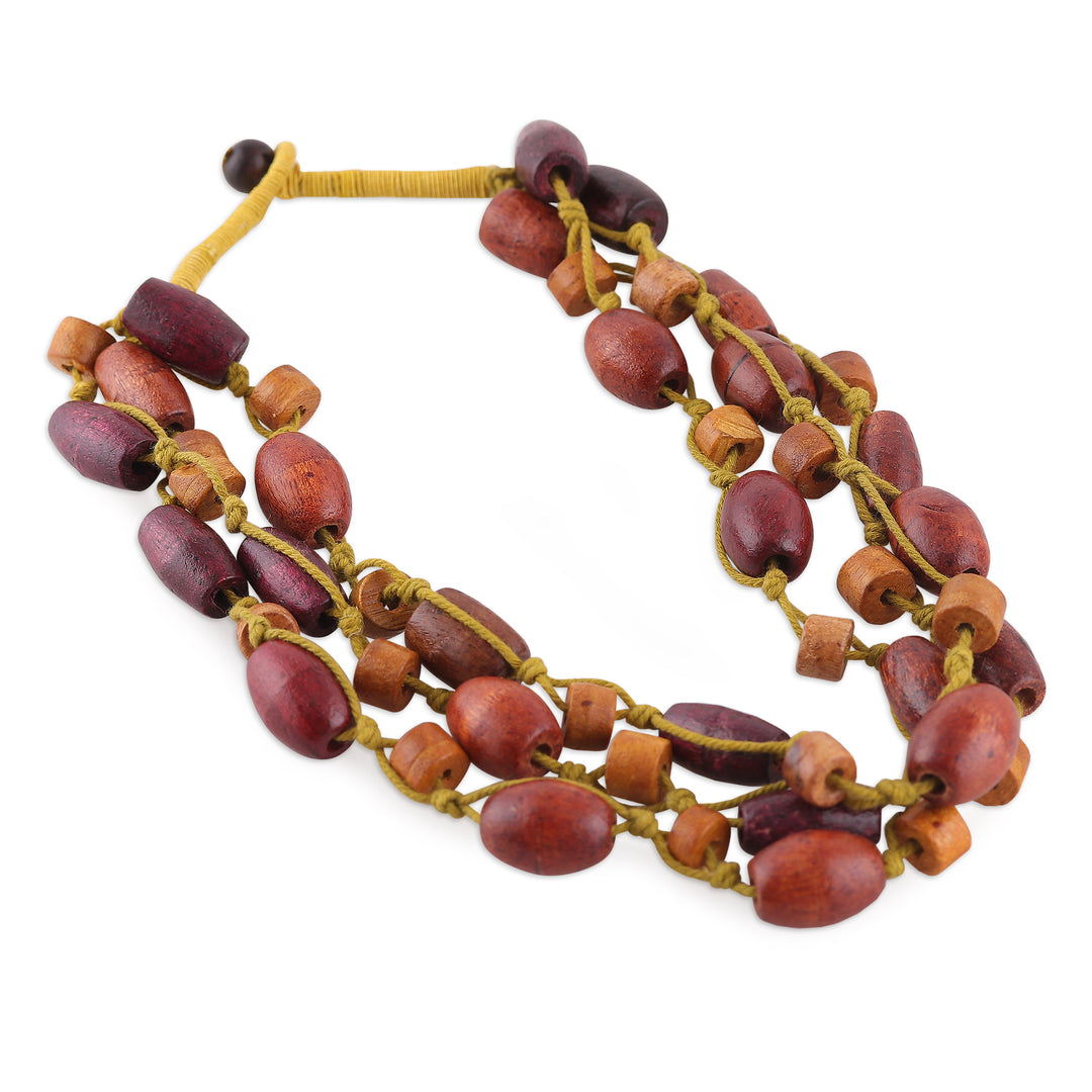 Folk Art Wood Beaded Station Necklace in Brown and Yellow - Joyous Aura
