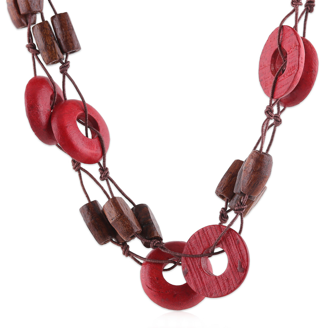 Bohemian-Inspired Red and Brown Wood Beaded Station Necklace - Red Eternity