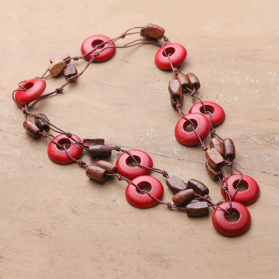 Bohemian-Inspired Red and Brown Wood Beaded Station Necklace - Red Eternity