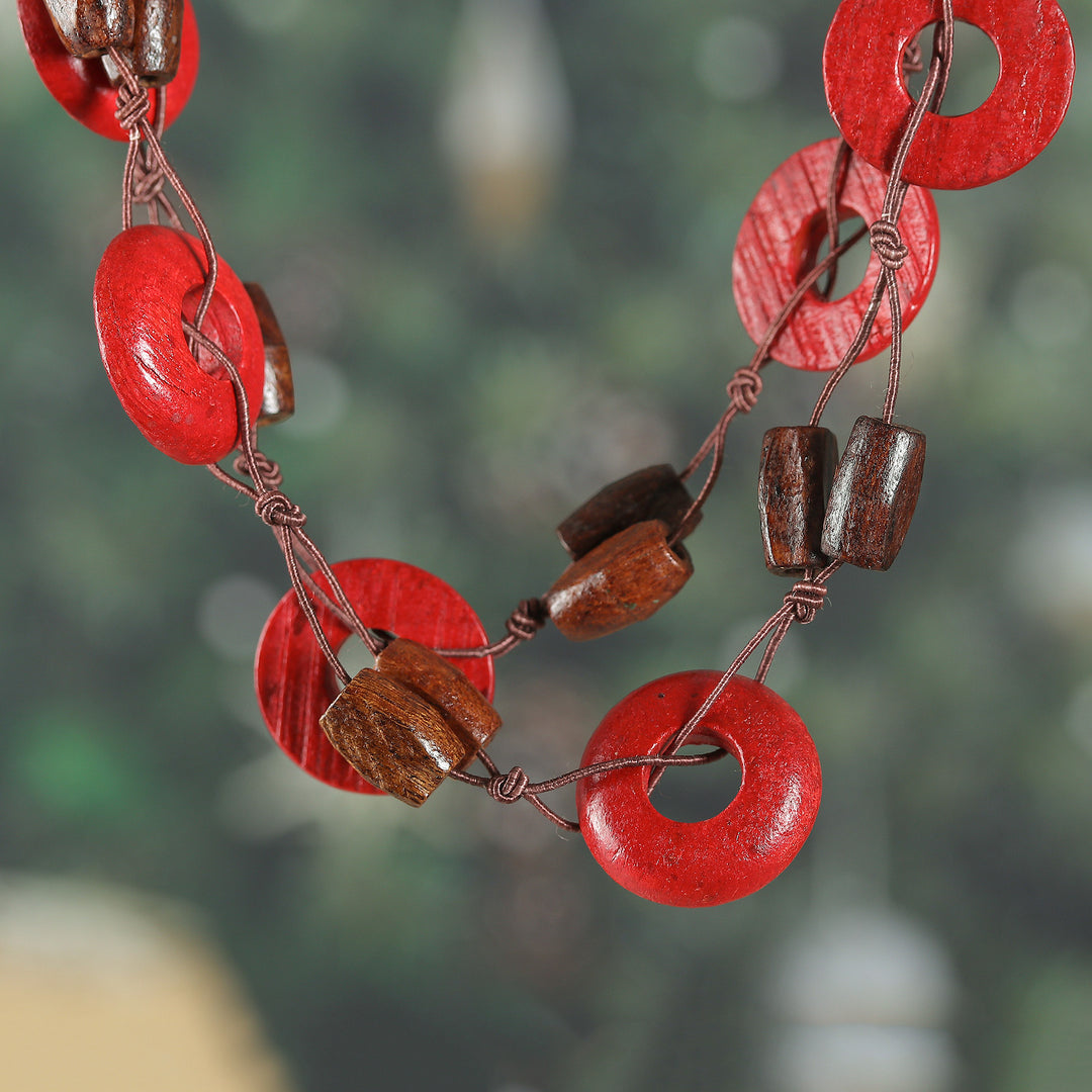 Bohemian-Inspired Red and Brown Wood Beaded Station Necklace - Red Eternity