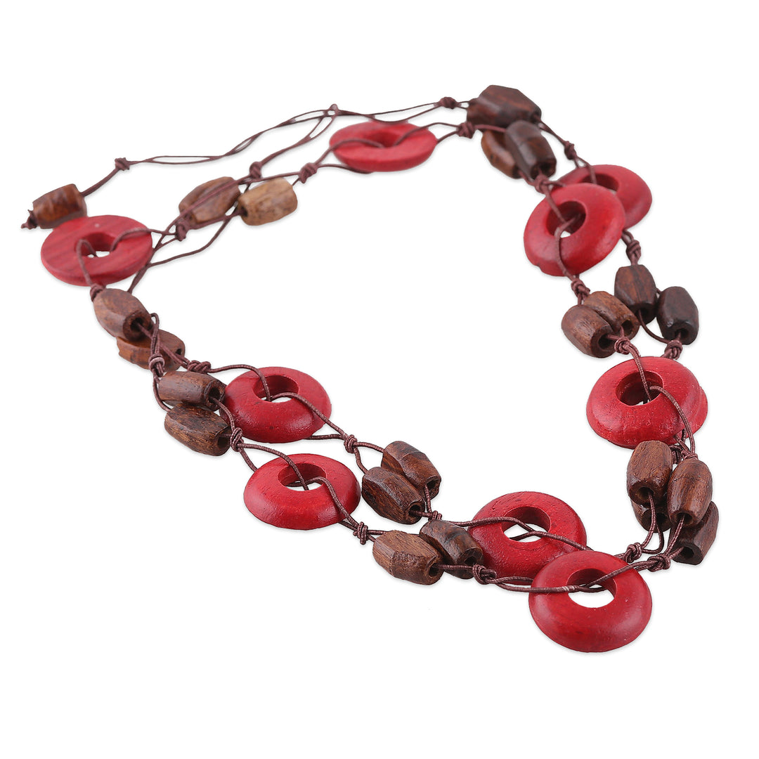 Bohemian-Inspired Red and Brown Wood Beaded Station Necklace - Red Eternity