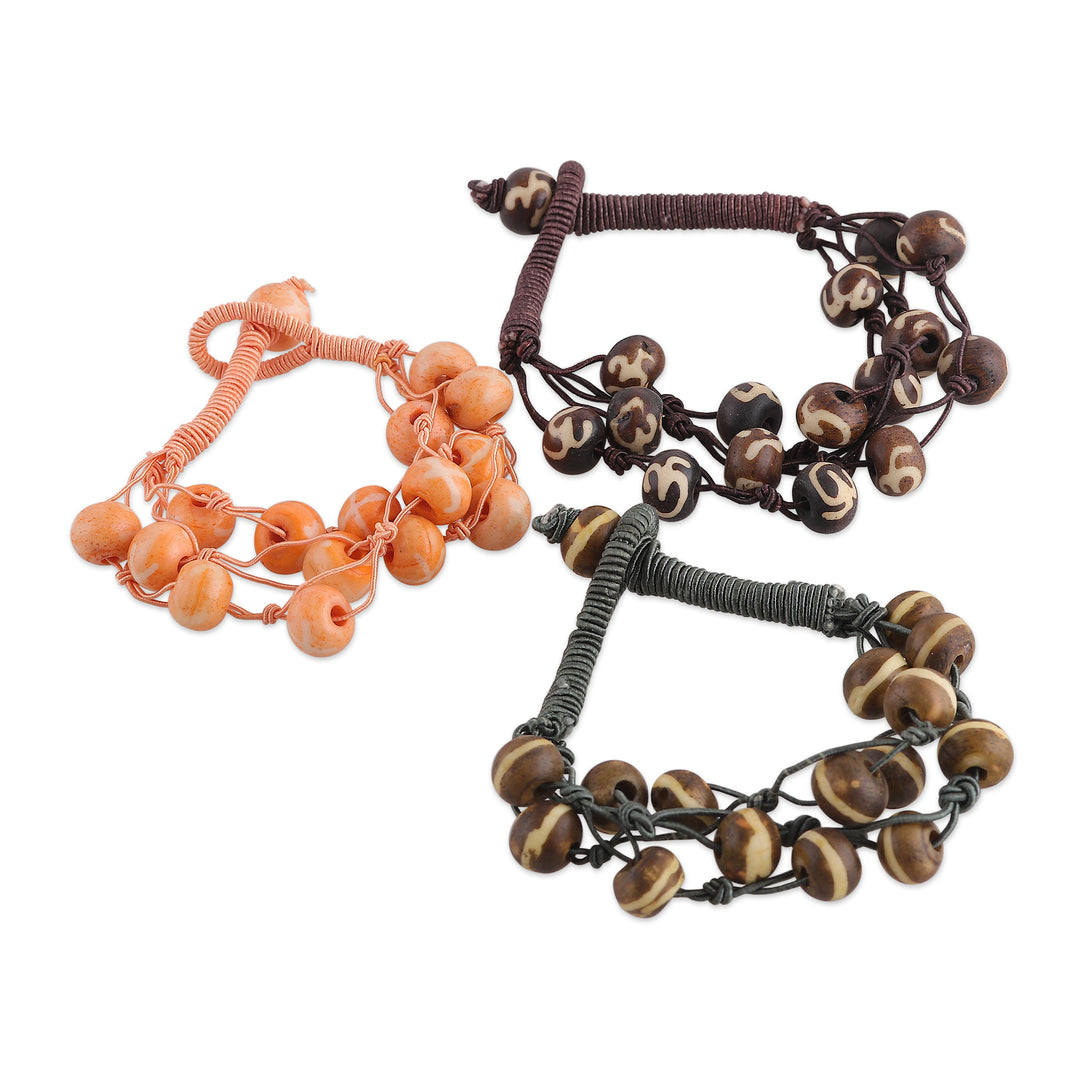 Indian-Made 3-Piece Brown and Orange Beaded Bracelet Set - Boho Earth