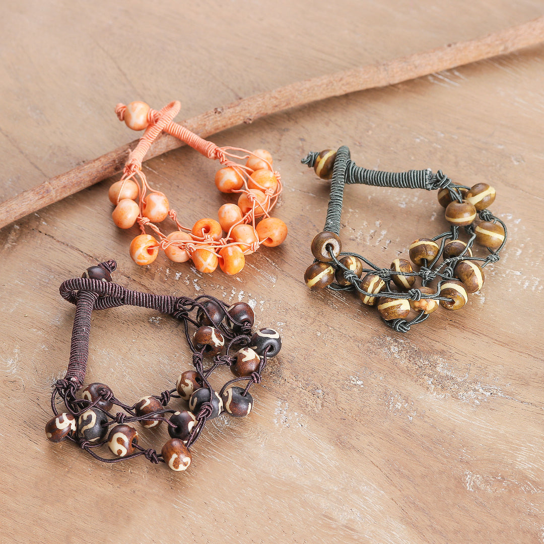 Indian-Made 3-Piece Brown and Orange Beaded Bracelet Set - Boho Earth