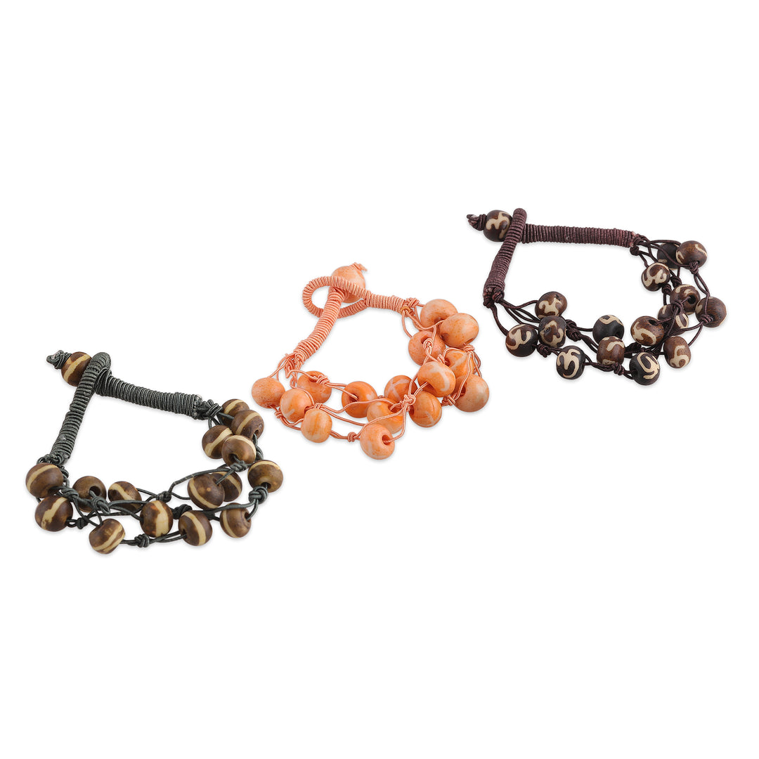 Indian-Made 3-Piece Brown and Orange Beaded Bracelet Set - Boho Earth