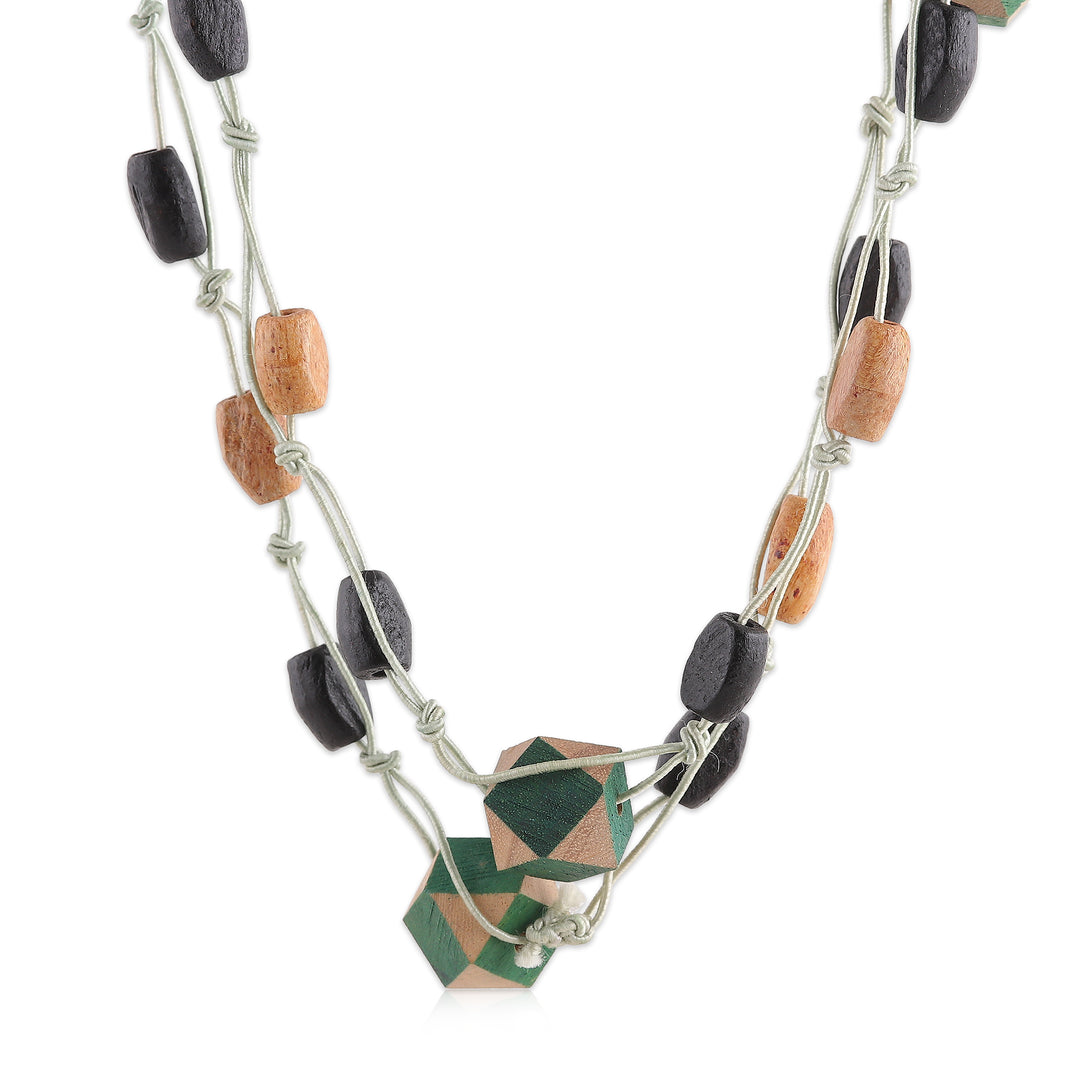 Hand-Painted Green Geometric Wood Beaded Station Necklace - Geometric Forest