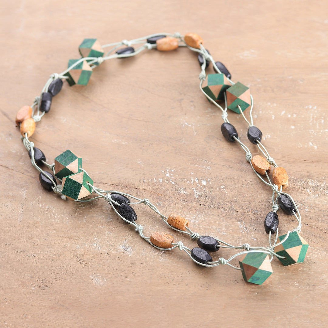 Hand-Painted Green Geometric Wood Beaded Station Necklace - Geometric Forest