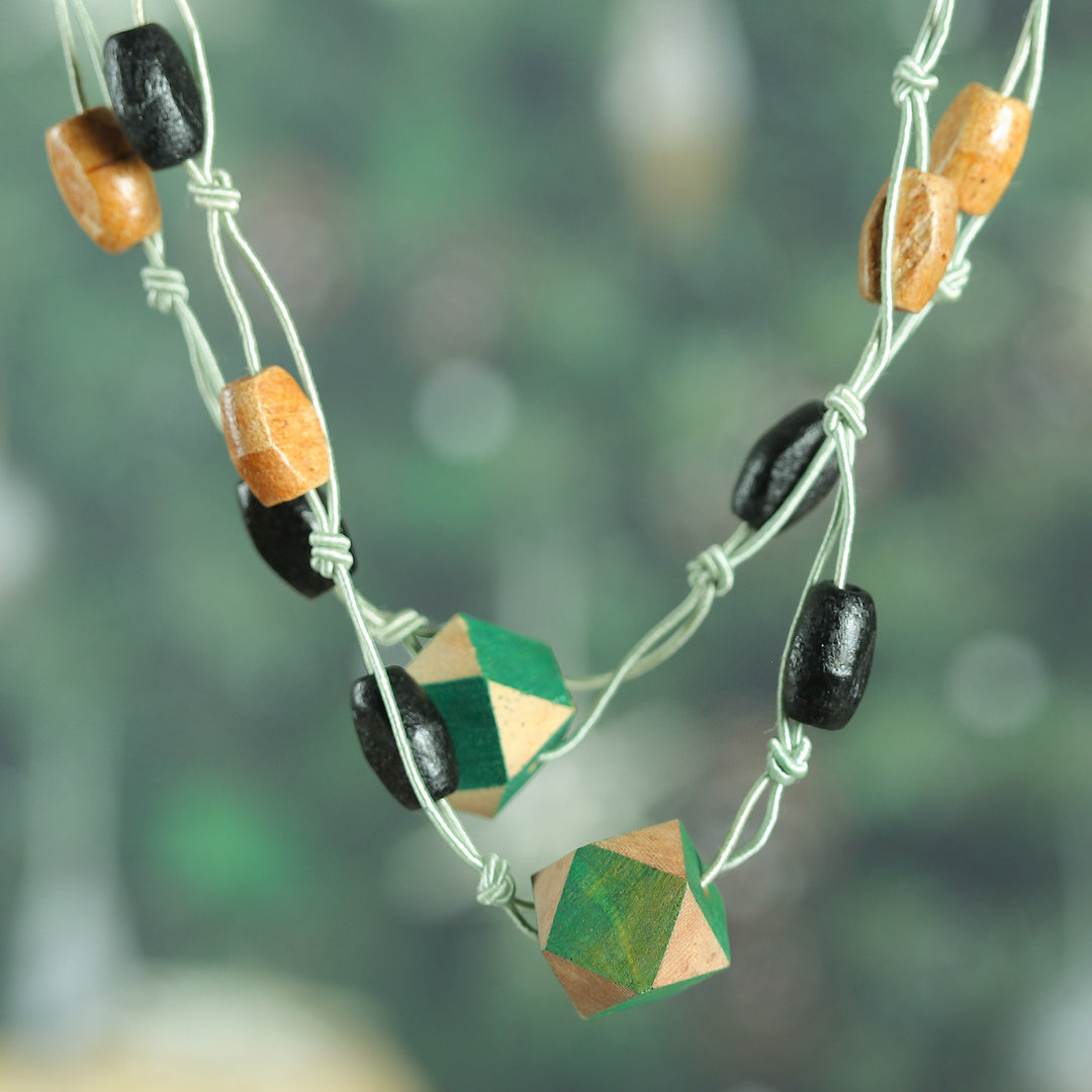 Hand-Painted Green Geometric Wood Beaded Station Necklace - Geometric Forest
