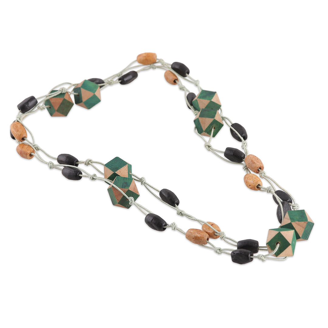 Hand-Painted Green Geometric Wood Beaded Station Necklace - Geometric Forest