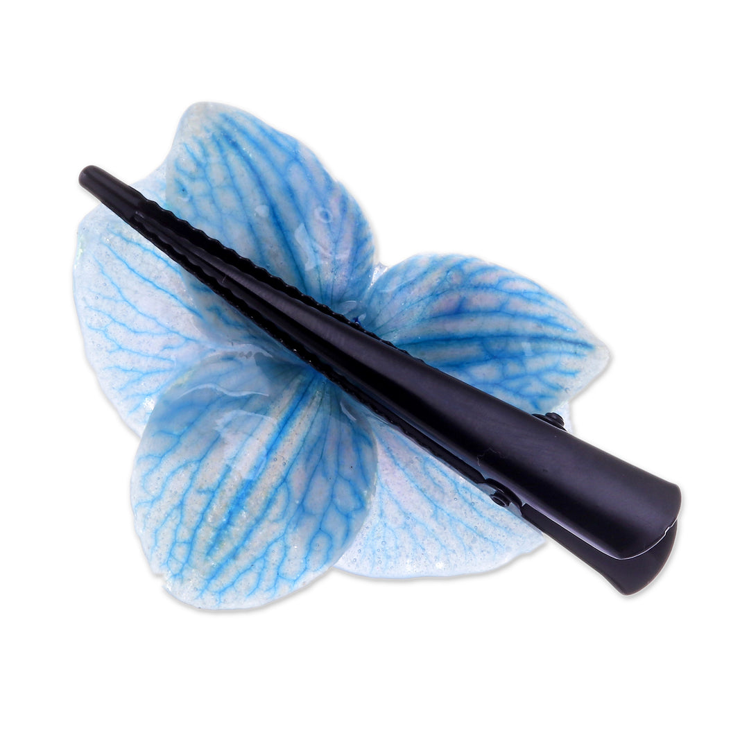 Floral Resin-Coated Blue Orchid Stainless Steel Hair Clip - Winter Fantasy