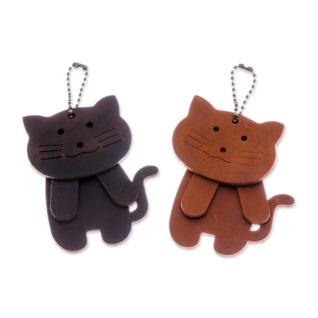 Pair of Leather Cat Keychains in Chocolate and Brown Hues - Kind Kitties