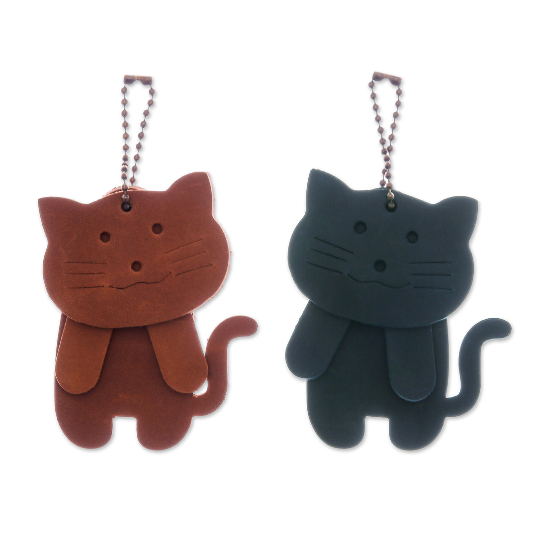 Two Brown and Teal Leather Cat Keychains with Brass Chains - Charming Kitties