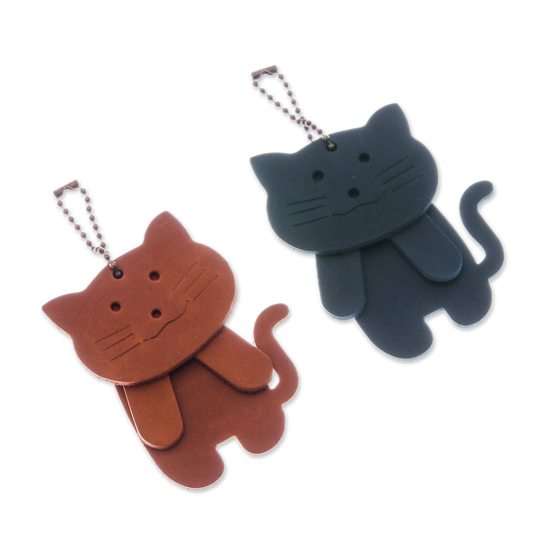 Two Brown and Teal Leather Cat Keychains with Brass Chains - Charming Kitties