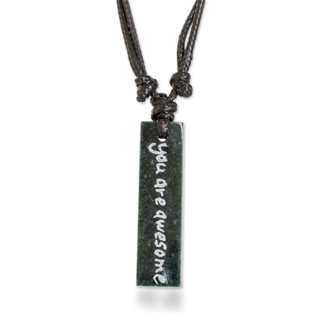 Reversible Jade Pendant Necklace with Inspirational Phrase - Your are Awesome