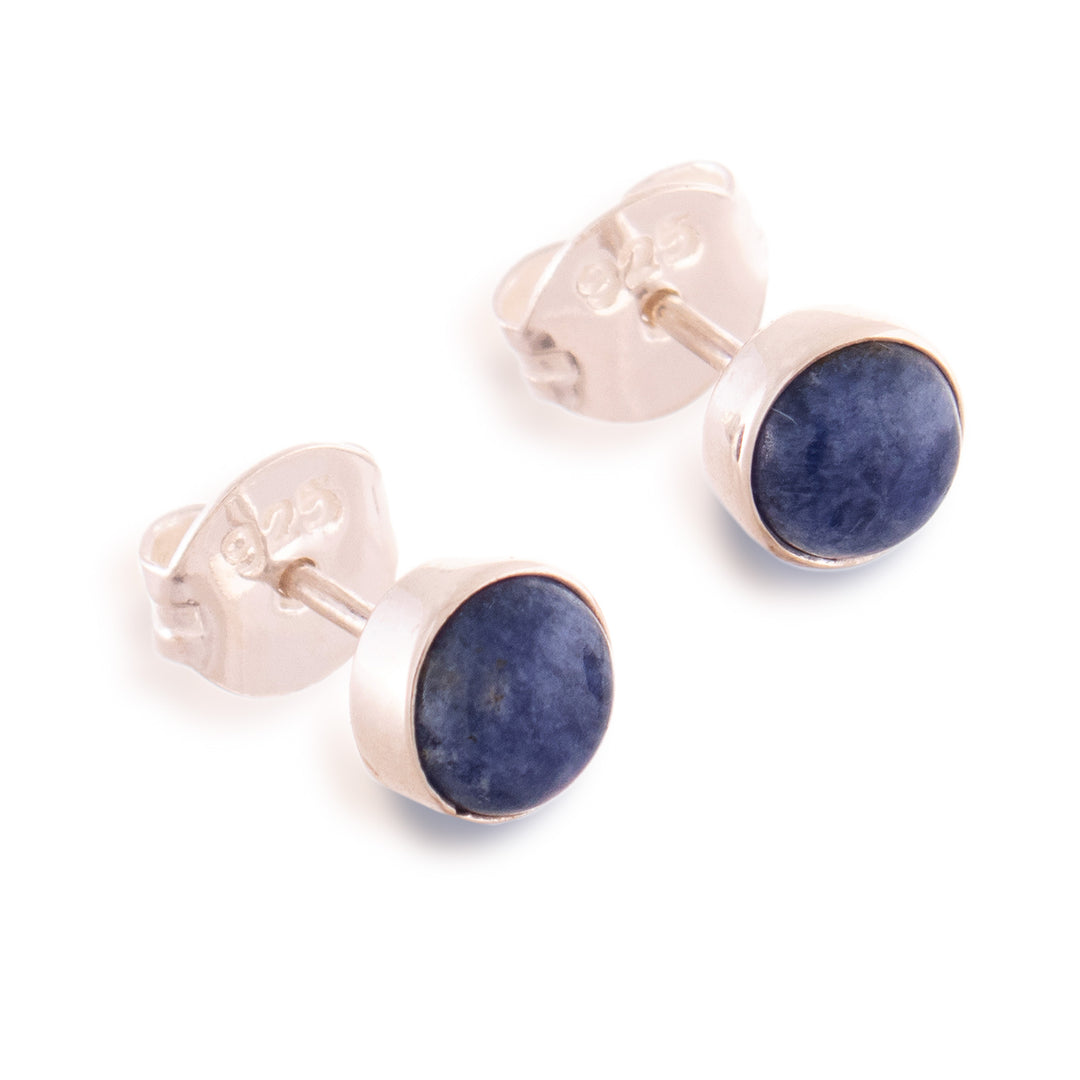 Silver Stud Earrings with Round Natural Sodalite Stones - Marine Glow