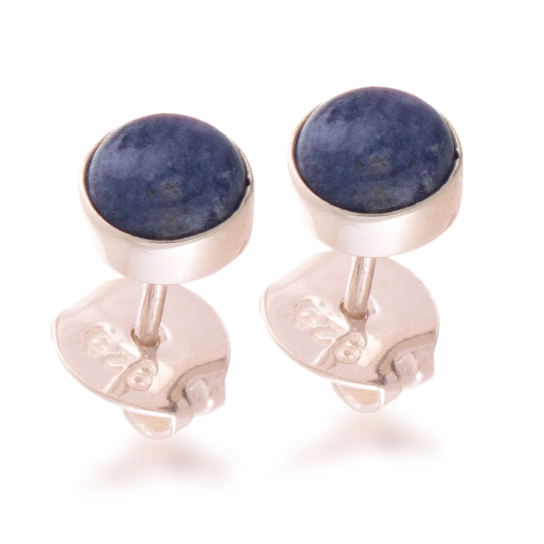 Silver Stud Earrings with Round Natural Sodalite Stones - Marine Glow