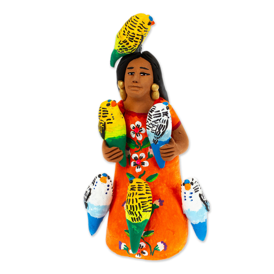Ceramic Sculpture of Woman in Mexican Attire with Parrots - Woman with Parrots