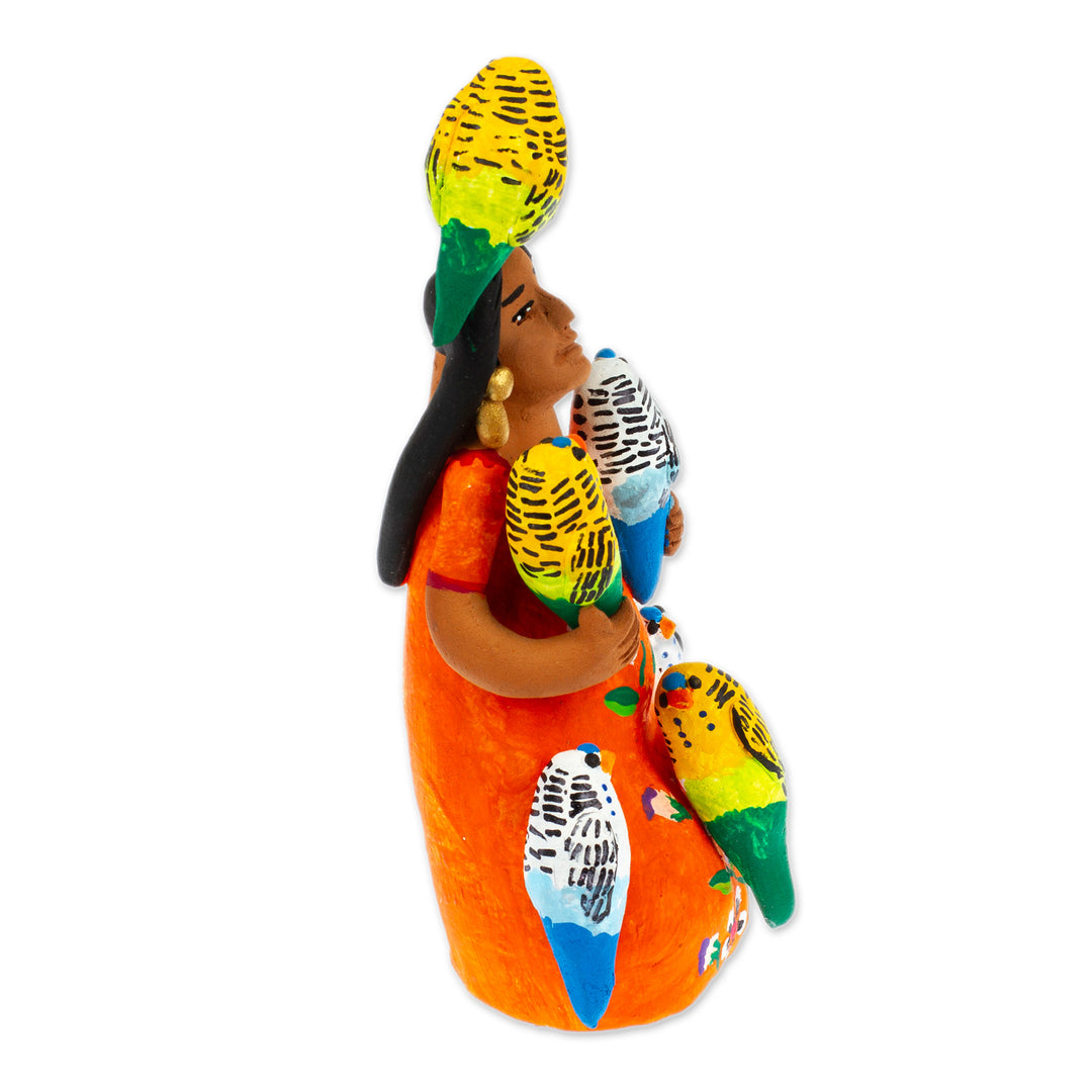 Ceramic Sculpture of Woman in Mexican Attire with Parrots - Woman with Parrots