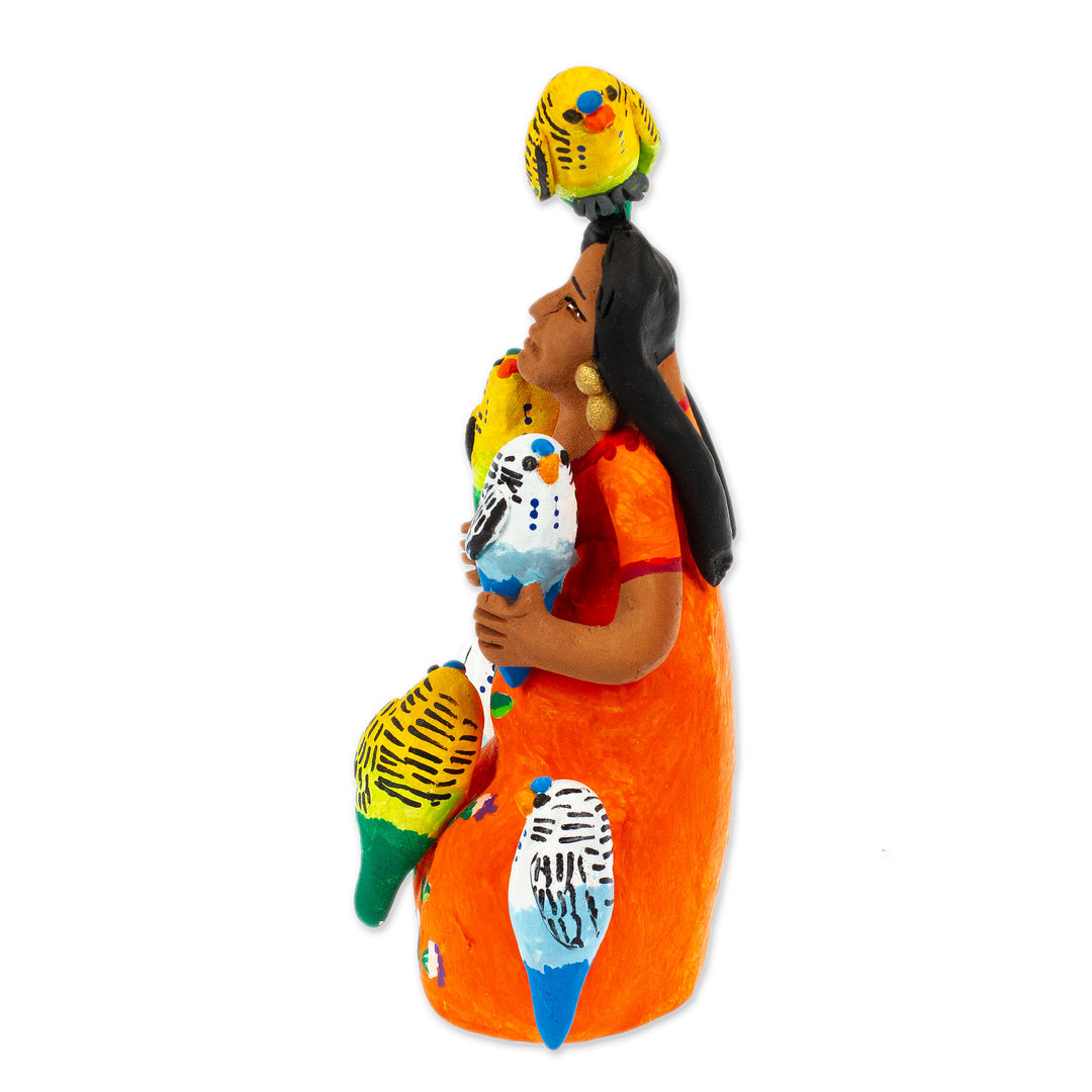 Ceramic Sculpture of Woman in Mexican Attire with Parrots - Woman with Parrots