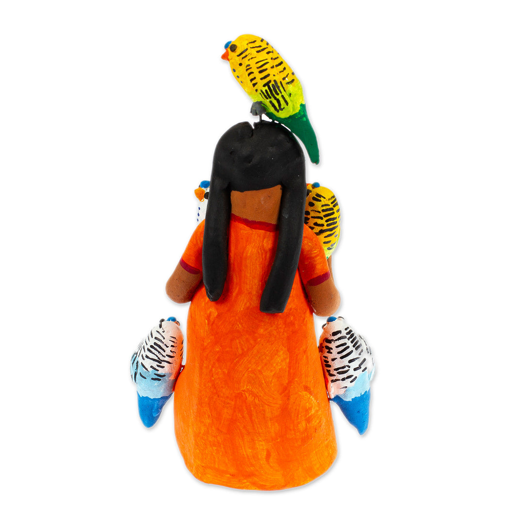 Ceramic Sculpture of Woman in Mexican Attire with Parrots - Woman with Parrots