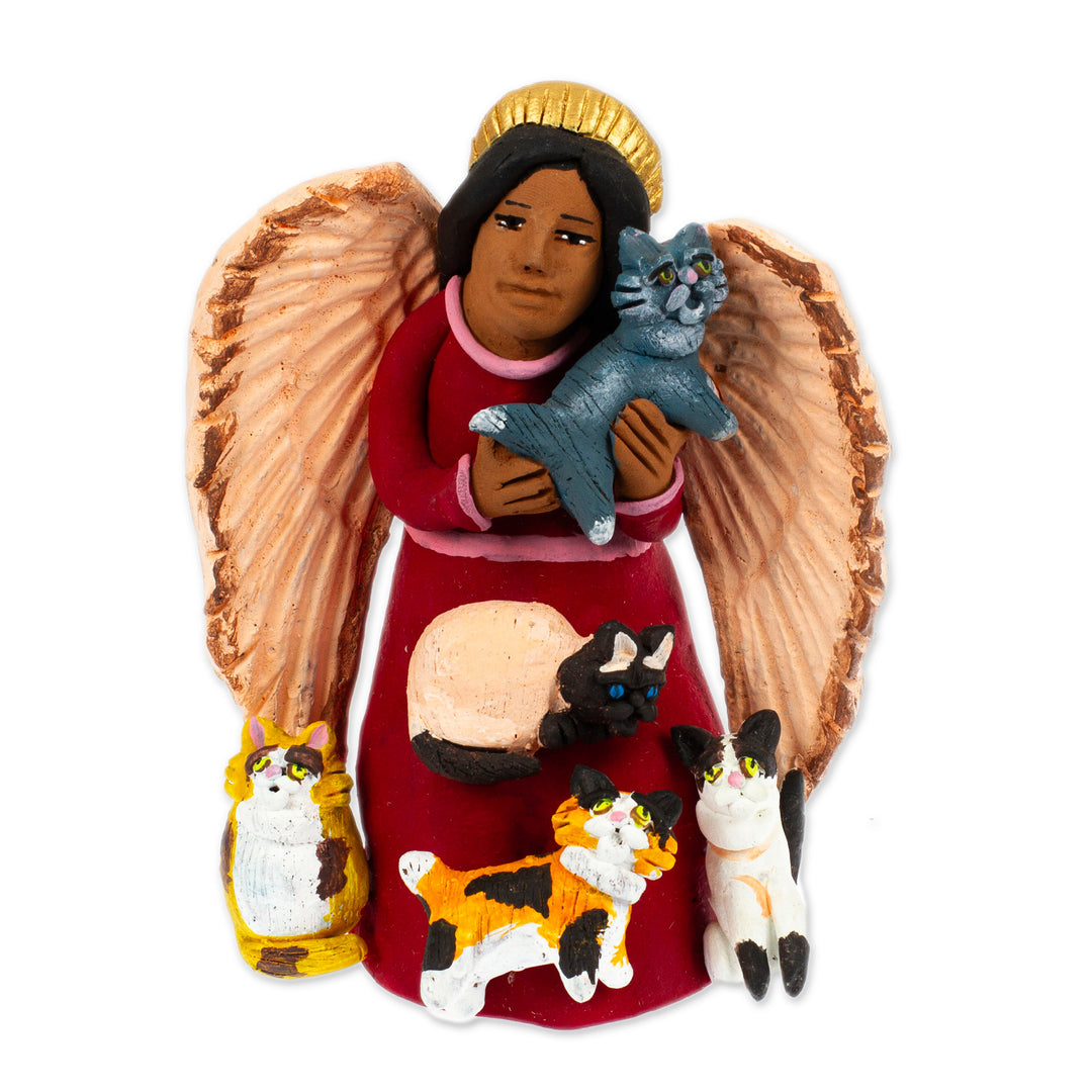 Hand-Painted Angel with Cats-Themed Ceramic Sculpture - Angel with Cats