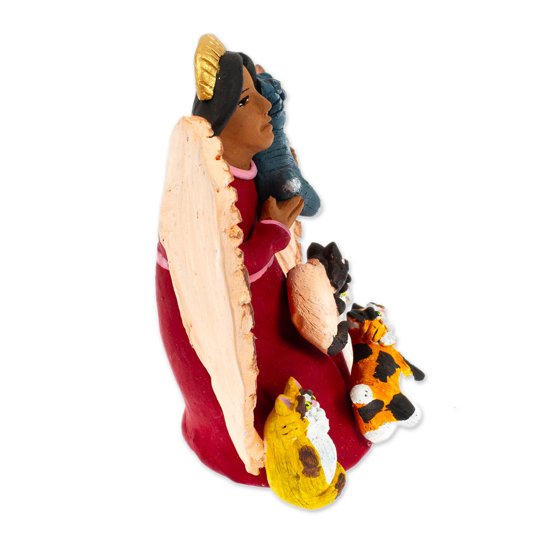 Hand-Painted Angel with Cats-Themed Ceramic Sculpture - Angel with Cats