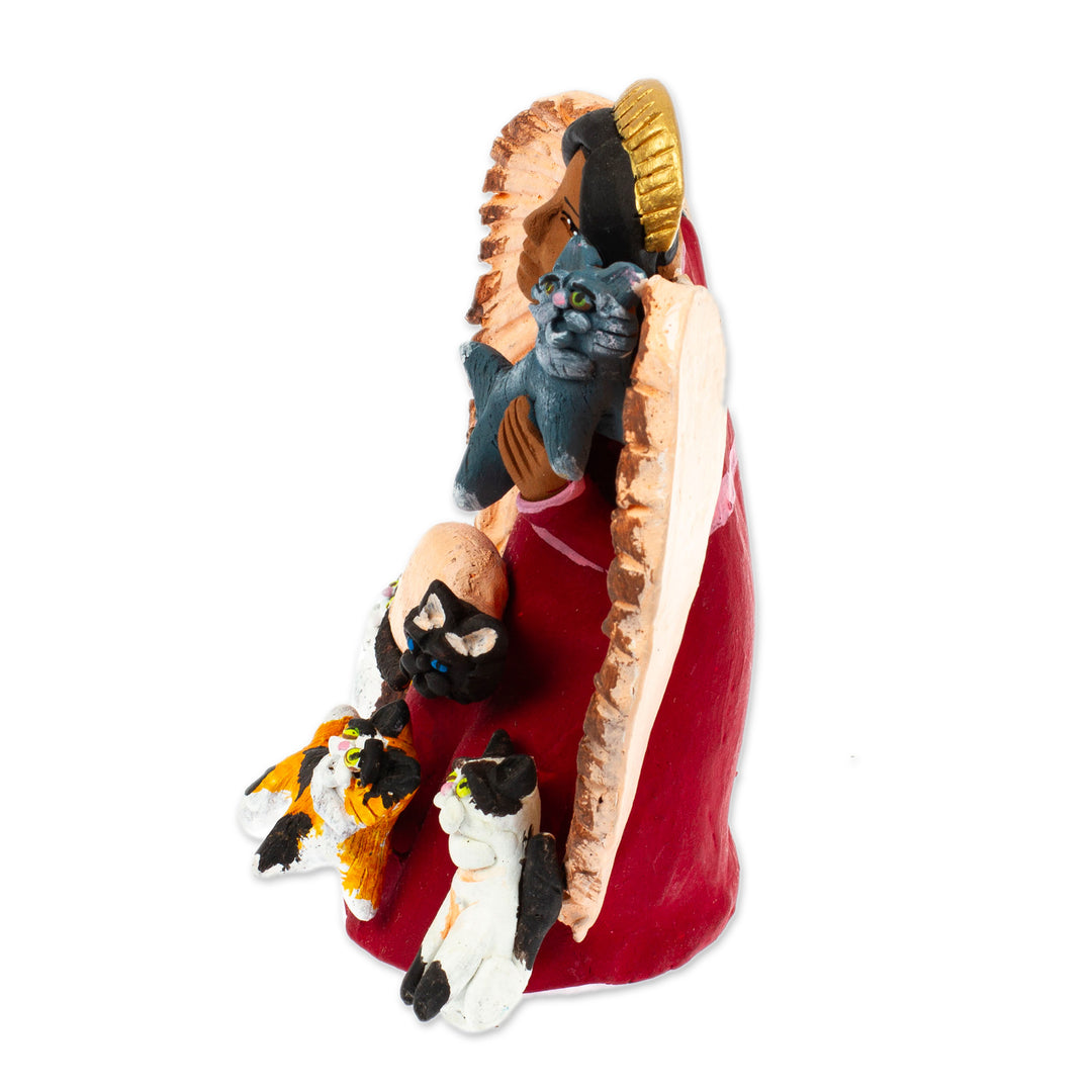 Hand-Painted Angel with Cats-Themed Ceramic Sculpture - Angel with Cats