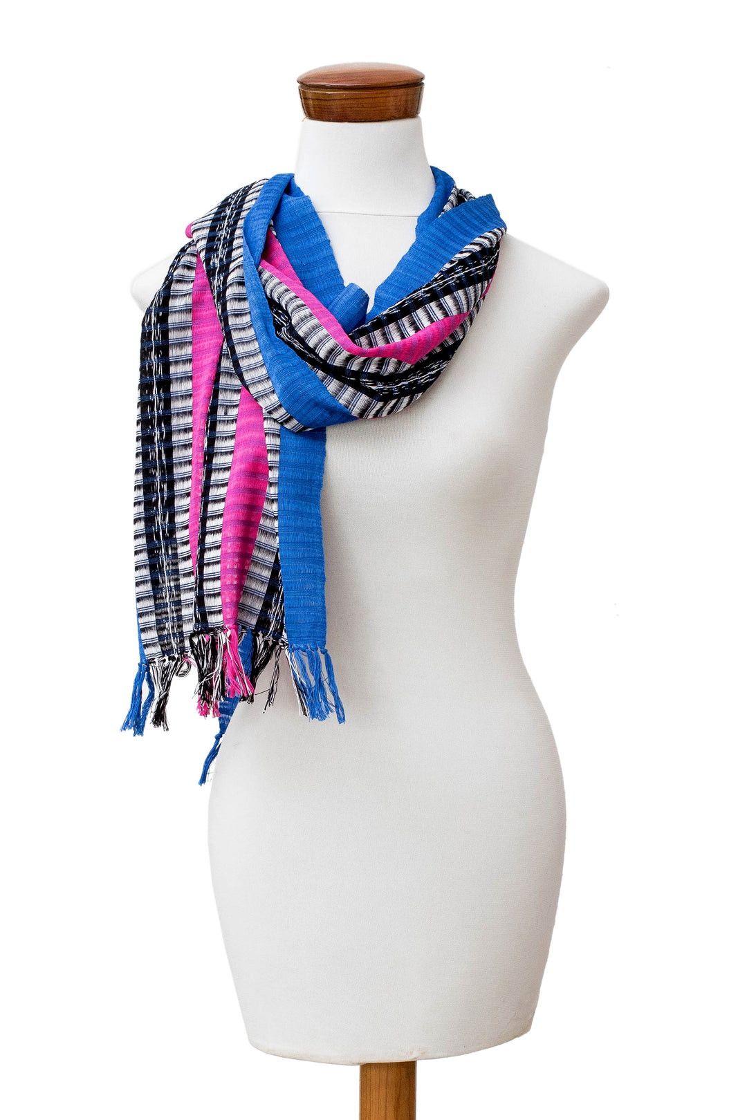 Striped Blue and Fuchsia 100% Cotton Scarf from Guatemala - Palopo Lakes