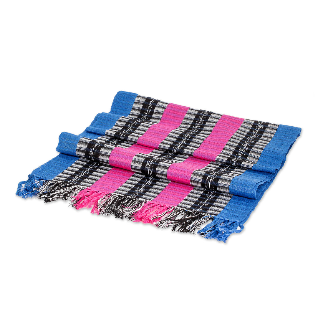 Striped Blue and Fuchsia 100% Cotton Scarf from Guatemala - Palopo Lakes