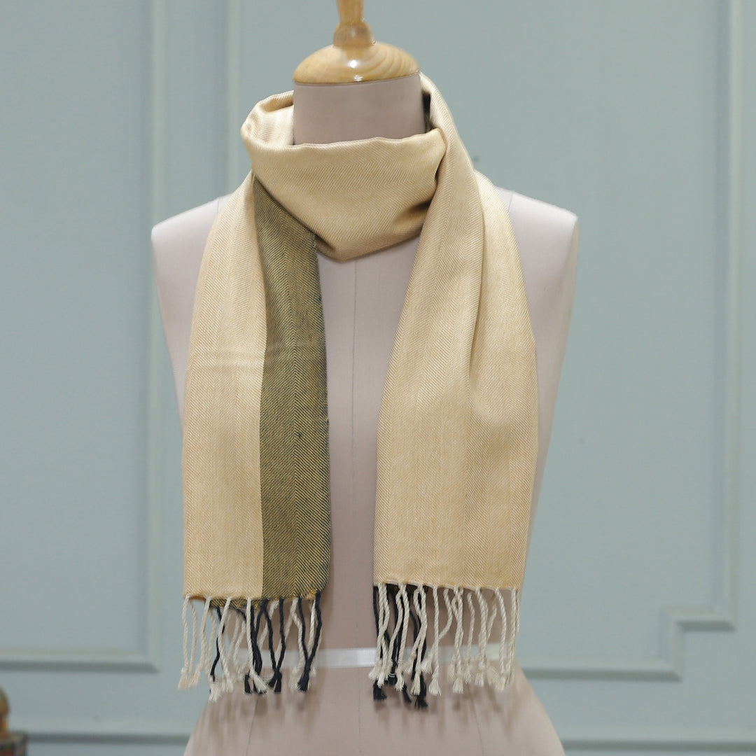 Traditional Loomed Men's 100% Silk Scarf in Ochre and Black - Subtle Ochre
