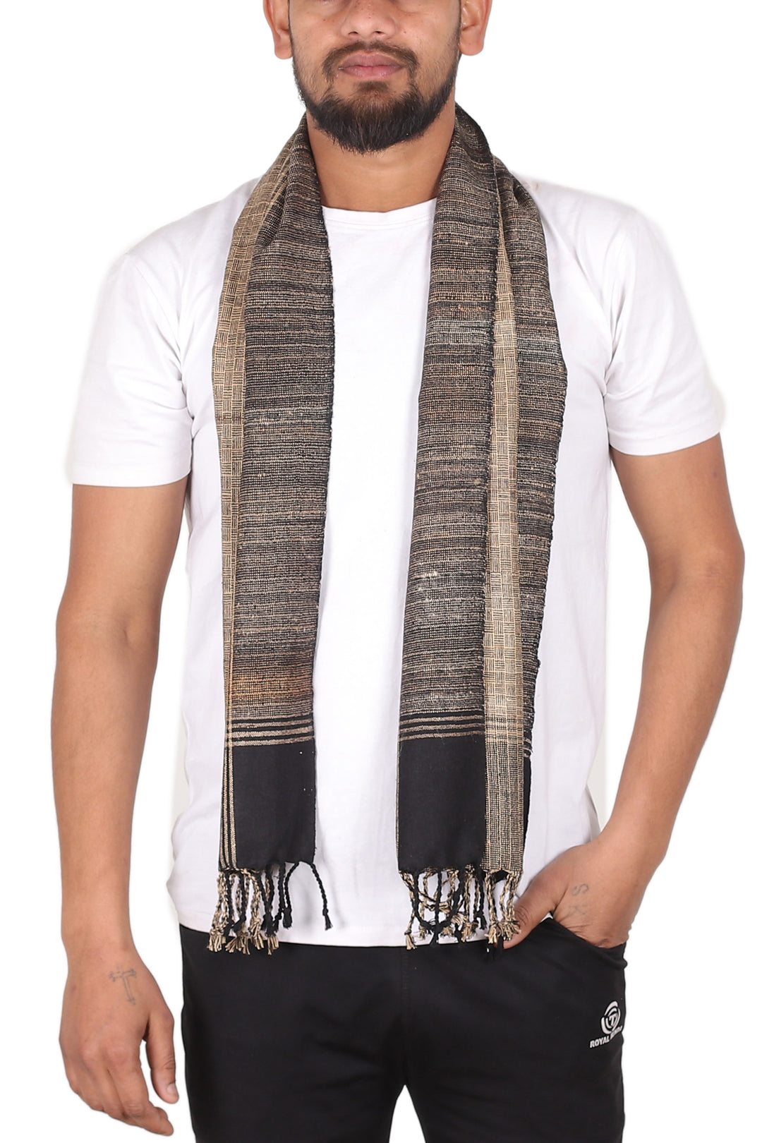 Handwoven Plaid-Patterned Black and Beige Silk Scarf for Men - Midnight Gallant