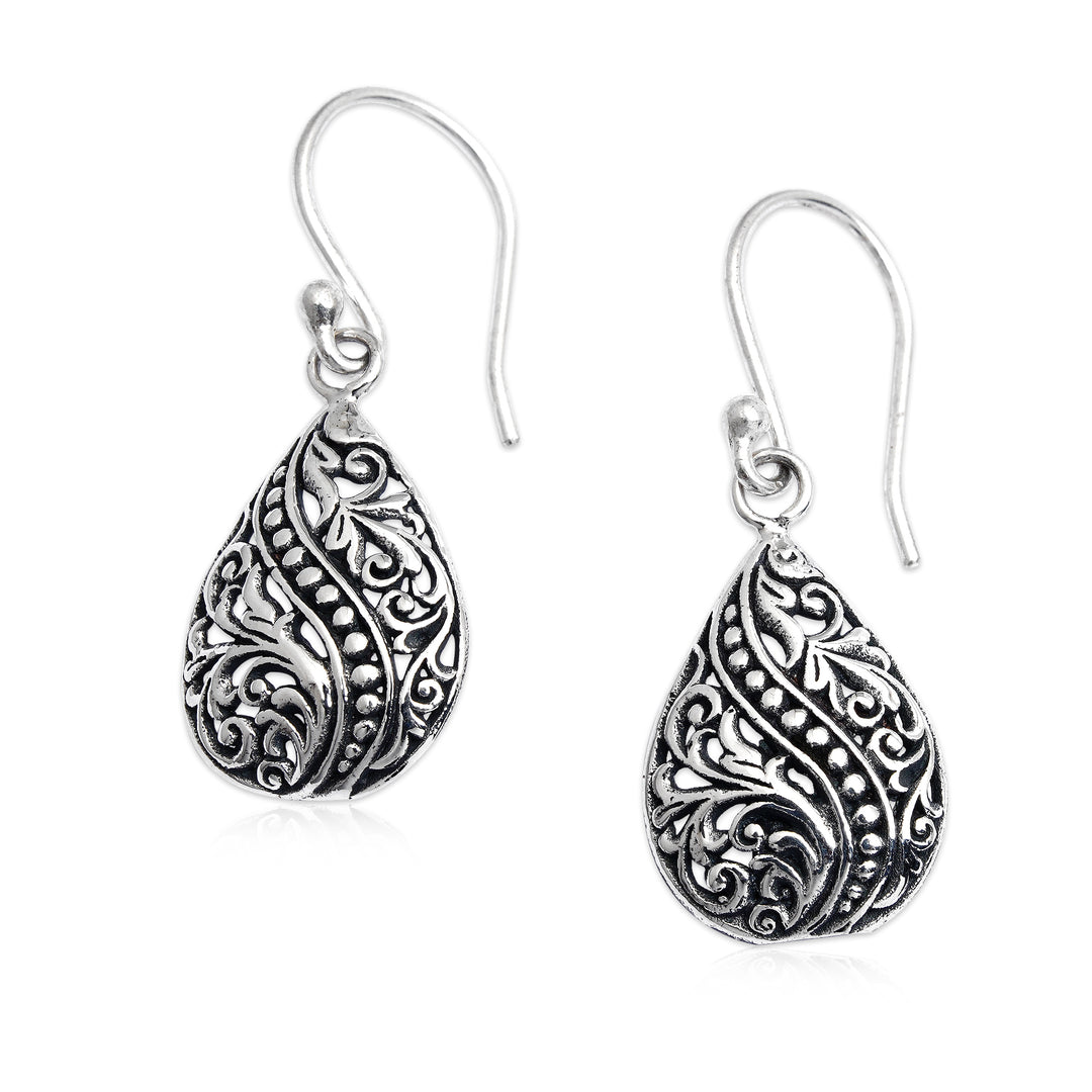 Silver Dangle Earrings with Vine Swirl and Dot Motifs - Blossoming Drops