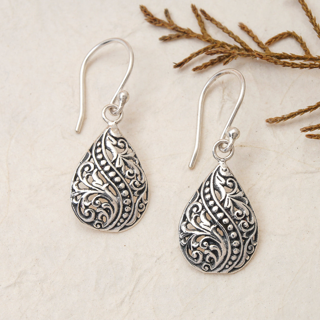 Silver Dangle Earrings with Vine Swirl and Dot Motifs - Blossoming Drops