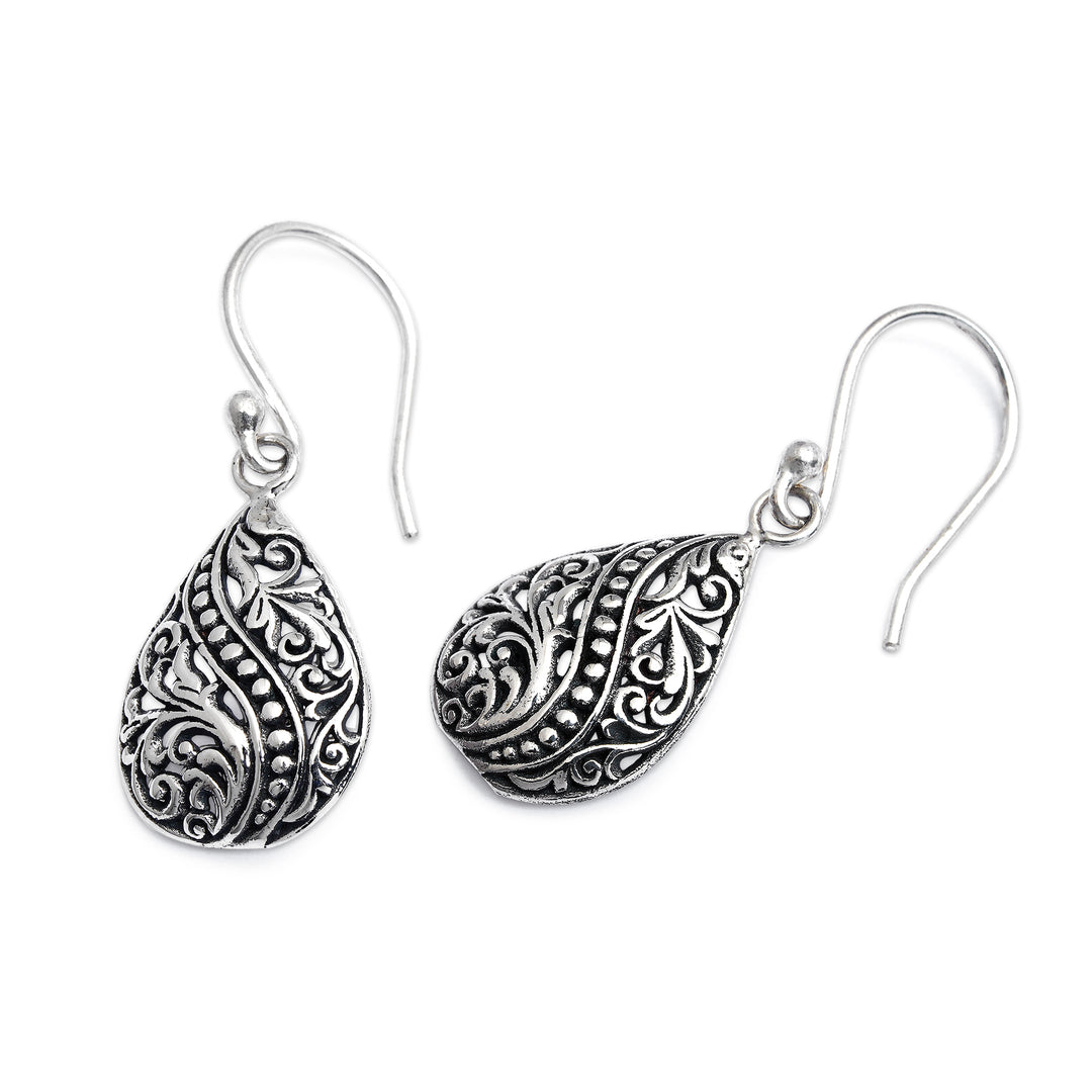 Silver Dangle Earrings with Vine Swirl and Dot Motifs - Blossoming Drops