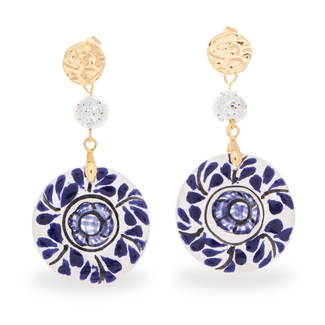 Talavera-Inspired Floral 14k Gold-Accented Dangle Earrings - Endless Blue