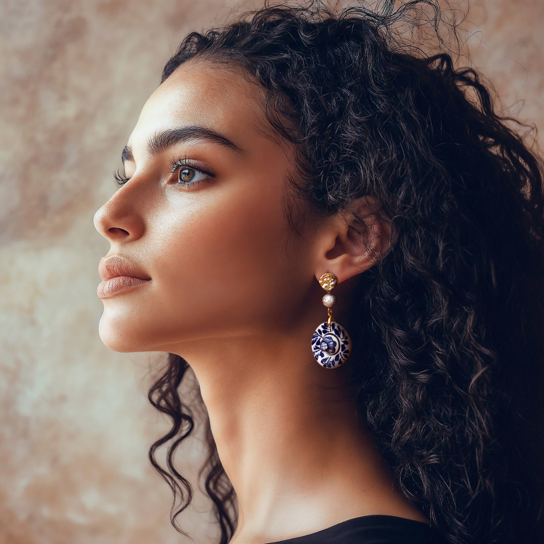 Talavera-Inspired Floral 14k Gold-Accented Dangle Earrings - Endless Blue